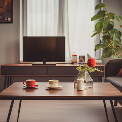 Fototapeta premium Comfortable interior with home decor and flower with daylight, living room, clean, tidy