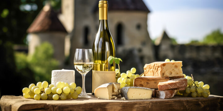A bottle of wine with cheese and grapes sits next to a castle.