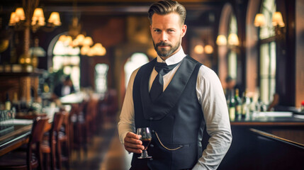 Handsome male waiter standing in a restaurant drinking a glass of wine.