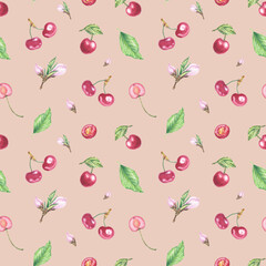 Seamless pattern with hand painted red cherry berry, flowers, leaves. Watercolor botanical illustration isolated element. Art for food design, pattern, mugs, textile, wallpaper.
