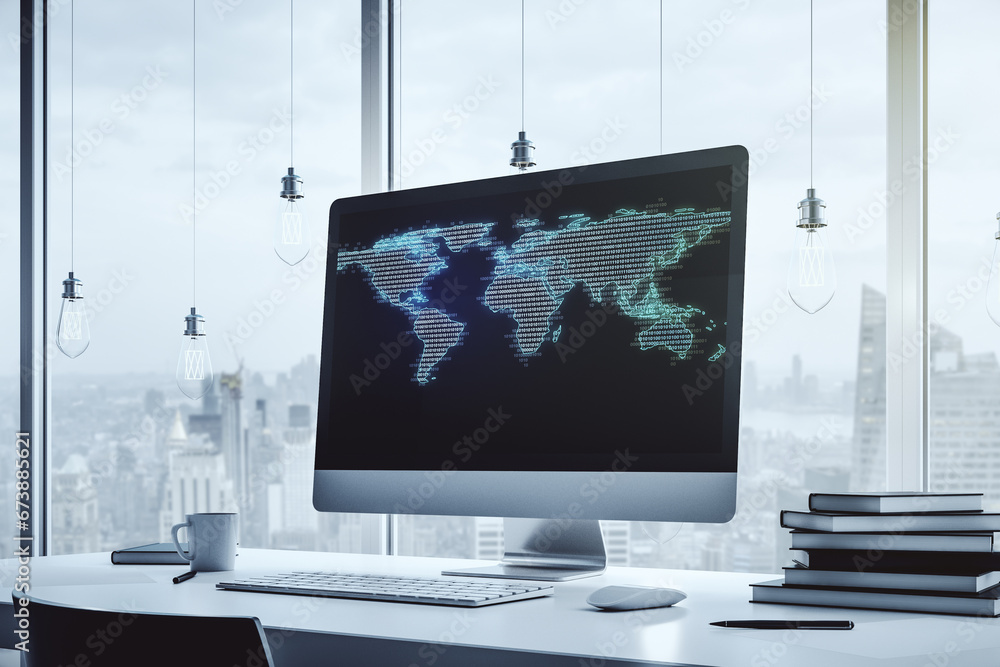 Aufkleber Modern computer monitor with abstract digital world map, research and strategy concept. 3D Rendering