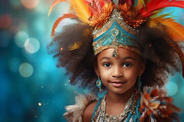 African American child in carnival costume on bright background, empty space banner horizontal