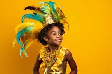 Obraz premium African American child in carnival costume on bright background, empty space banner horizontal