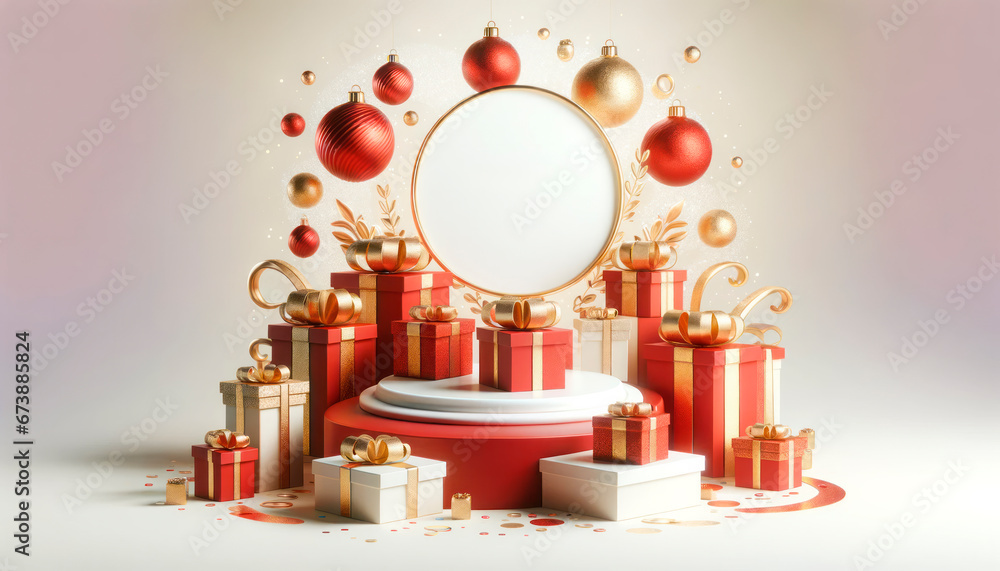Poster christmas background with gift boxes and round podium. generative ai