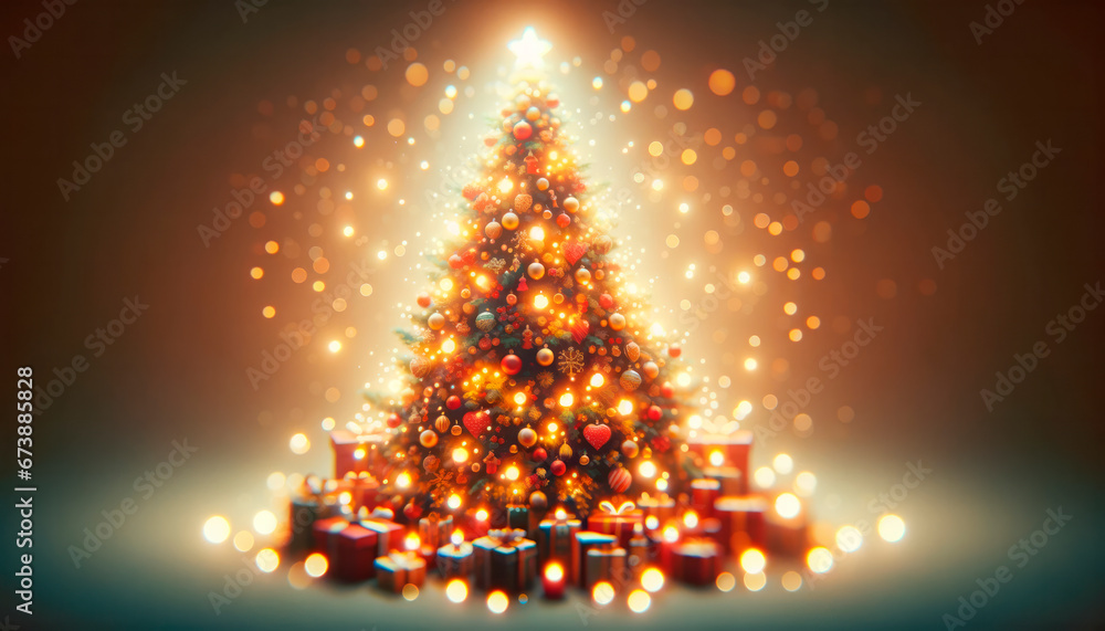 Poster christmas tree with gifts and bokeh lights on a dark red background. generative ai