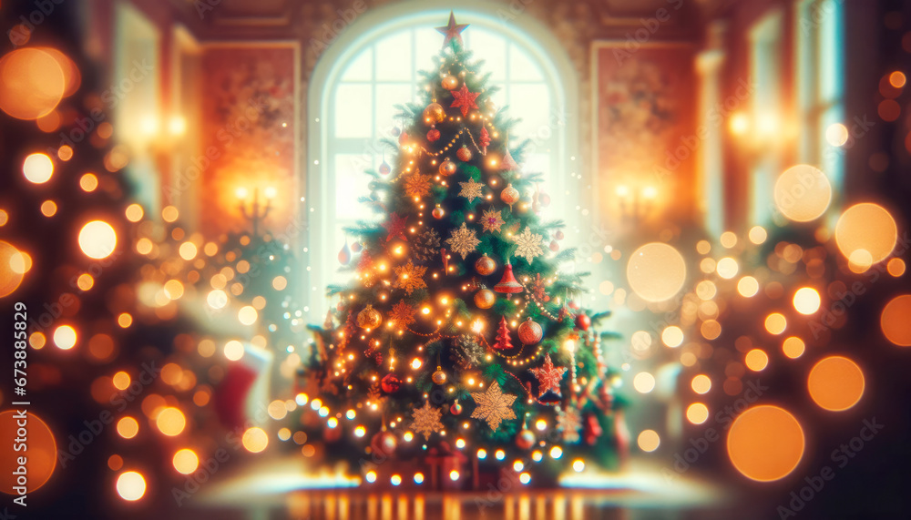 Poster Christmas tree and decorations on the background of the room with a large window. Generative AI
