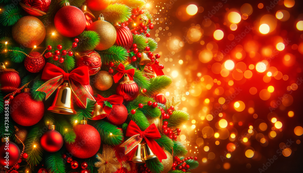 Poster christmas tree with baubles and decorations on bokeh background. generative ai