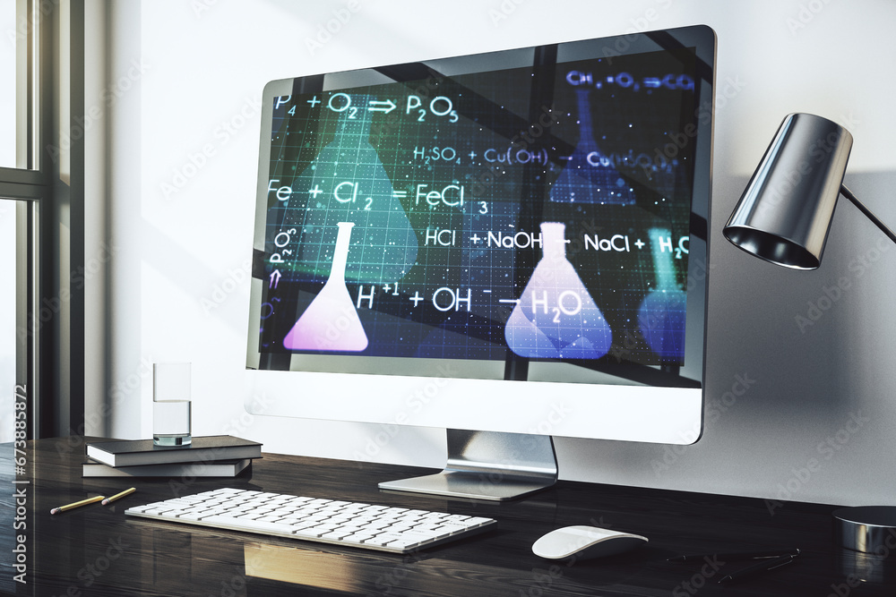 Poster Modern computer monitor with creative chemistry concept, research and development concept. 3D Rendering