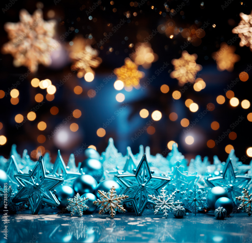 Poster christmas decoration with bokeh lights and snowflakes on dark background. generative ai