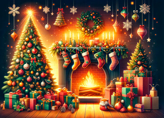 Christmas and New Year holiday background with fireplace, Christmas tree and gifts. Generative AI