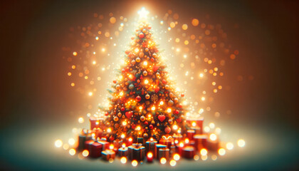 Christmas tree with gifts and bokeh lights on a dark red background. Generative AI