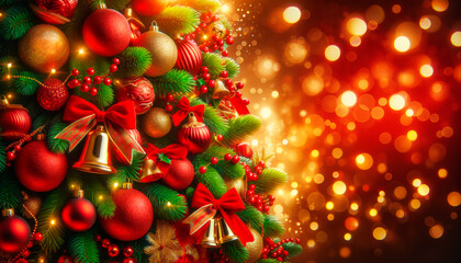 Christmas tree with baubles and decorations on bokeh background. Generative AI