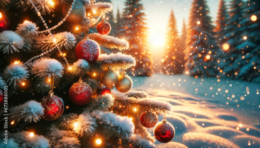 Aufkleber christmas tree with red baubles on snow covered forest background. generative ai