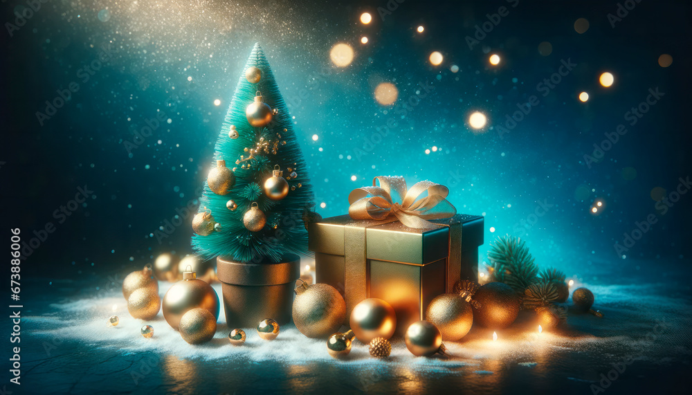 Poster Christmas tree and gift box with bokeh background. Generative AI