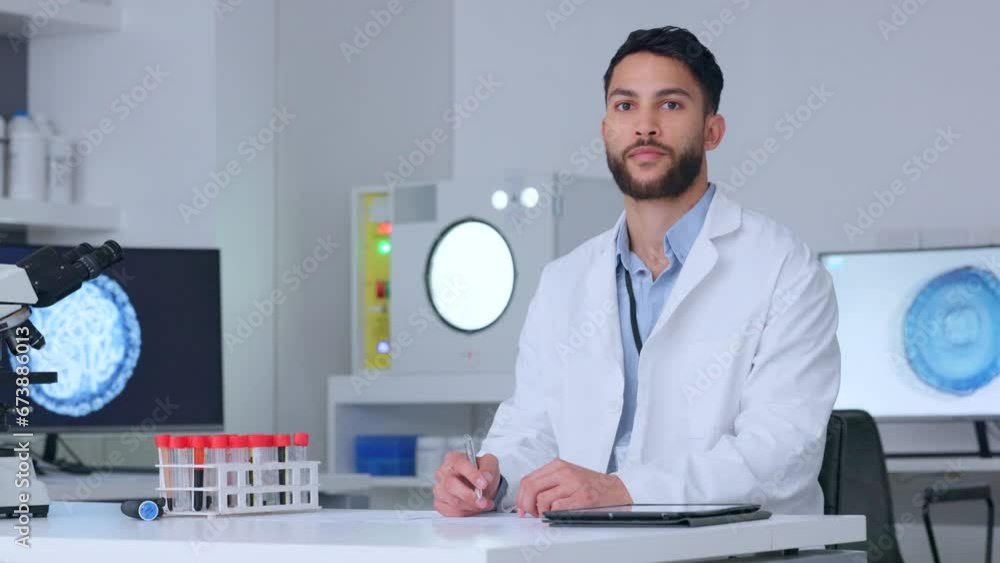 Poster Male scientist writing notes while doing medical research in a laboratory. Portrait of a pathologist writing experiment details and test results on paper after testing blood samples and dna in lab