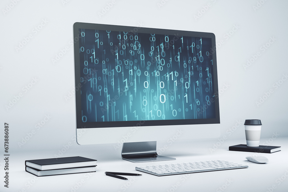 Aufkleber Creative concept of binary code illustration on modern laptop screen. Big data and coding concept. 3D Rendering