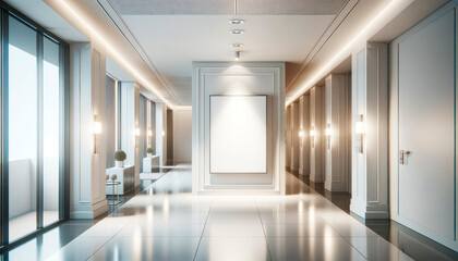 Fototapeta na wymiar Modern corridor with white walls, tiled floor and mockup white poster. Generative AI