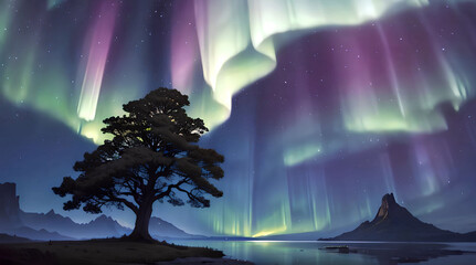 Natural scenery and brilliant auroras in the sky
