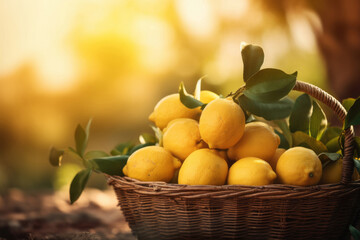 Organic ripe lemon crop or citrus harvest in basket against sunny garden background.