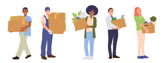 Isolated set of different people cartoon characters holding boxes moving to new home or office