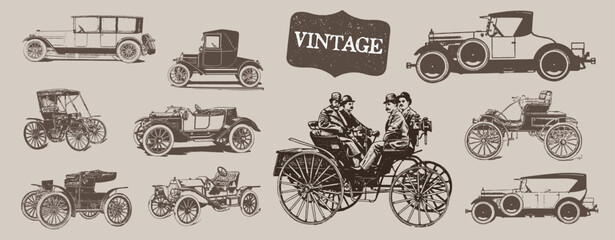 Old Vintage Car. Vintage Transportation. Retro Car Line Drawing. Engraving Old Travel Journey. Side View.  Vehicle, Motorcar in Engraved Style. Vector Illustration - obrazy, fototapety, plakaty