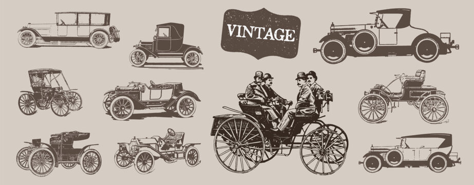 Old Vintage Car. Vintage Transportation. Retro Car Line Drawing. Engraving Old Travel Journey. Side View.  Vehicle, Motorcar in Engraved Style. Vector Illustration