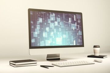 Abstract creative stats data concept on modern laptop screen. 3D Rendering - obrazy, fototapety, plakaty