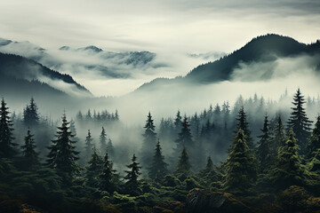 Beautiful view of pine forest with thick fog in the forest - obrazy, fototapety, plakaty
