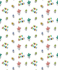 Celebratory seamless pattern with flowers, happy birthday lettering.