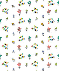 Celebratory seamless pattern with flowers, happy birthday lettering.