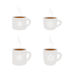 Cups of cocoa with steam and with snowflakes, on white background