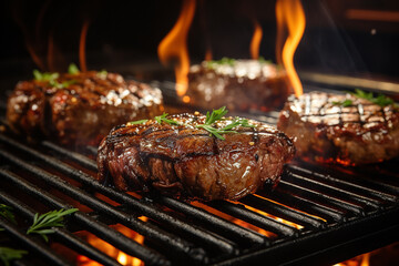 Delicious beef steak on the grill with flames - obrazy, fototapety, plakaty
