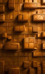 3d modern mural wallpaper. golden lines and squares and wood texture, Generative AI