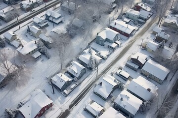 Bird's-eye view of neighborhood post winter storm. Generative AI