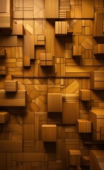3d modern mural wallpaper. golden lines and squares and wood texture, Generative AI
