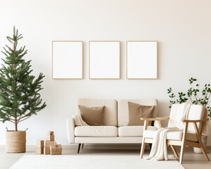 Interior wall vertical wooden poster photo frame,christmas tree and decoration,3D Render - obrazy, fototapety, plakaty