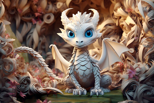 Cute white little baby dragon with big blue eyes. Fantasy monster. Small Funny Cartoon character. Beautiful Fairytale animal. Illustration for children. Ai