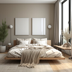 double set frame mockup, bedroom frame mockups, bedroom wall art mockup, 3d rendering, stylish and elegant bedroom poster design