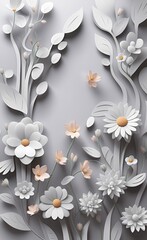 3d mural wallpaper with simple floral painting light gray background. drawing modern flowers, Generative AI