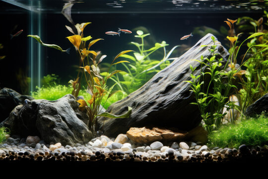 Pristine aquarium with plants and swimming fish.