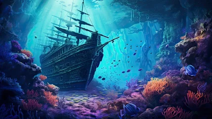 Foto op Canvas Pirate wreck illustration, concept art, underwater background © Kùmo