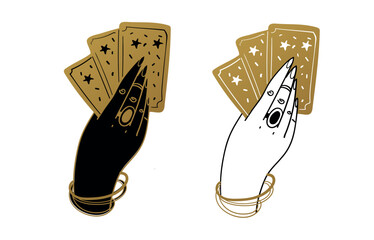 A woman s hand holds a deck of Tarot cards. Set of icons in black and gold colors. The concept of fortune telling, witchcraft, fate, card game. Vector illustration isolated on white background.