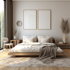 double set frame mockup, wooden frame mockups in the bedroom, frame for wall art, 3d rendering