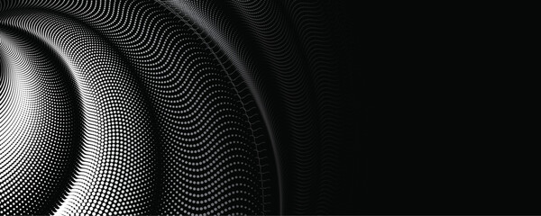 An abstract vector illustration, Dynamic particle waves in a halftone gradient create a flowing dot curve on a black Background, embodying technology, sound, music, and contemporary aesthetics.