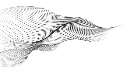 An abstract vector illustration, dynamic particle waves in a halftone gradient, forming a flowing dot curve against a white backdrop, embodying technology, sound, music, and modern aesthetics.