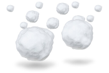Flying white snowballs isolated on transparent background.