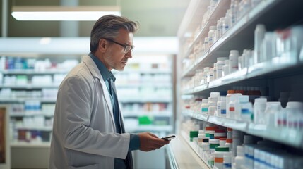 Male pharmacist checking medicine in shelf at modern drug store.