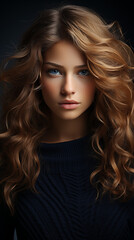 Fototapeta premium brown haired woman wearing a navy blue wide neck sweater, product apparel photography style, studio photoshoot, light white gray studio background. AI generated