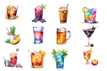 Watercolor cocktail drinks set on white background. Watercolor painting daily routine objects. Hand drawn colorful Sublimation design,white background