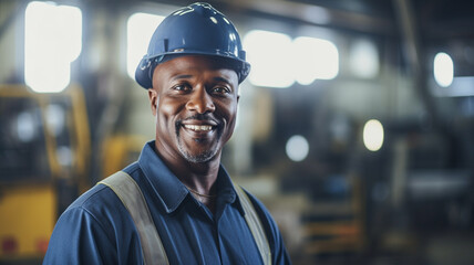 African american male factory worker wearing a safety helmet in the background of a production line.